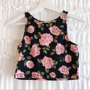 Forever 21 Pink Roses Black Floral Crop Top